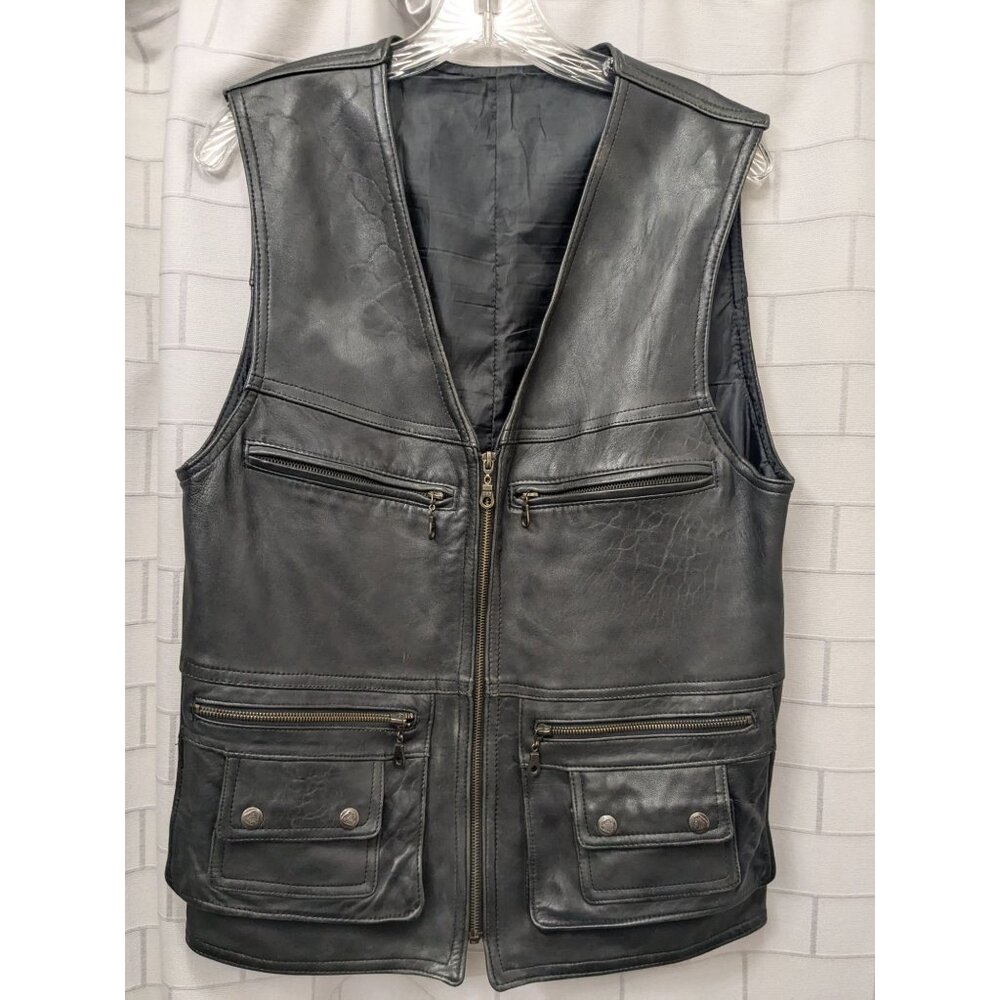Black Leather Biker Vest With Zipper & Snap Closures 4 Pockets Supple Feel